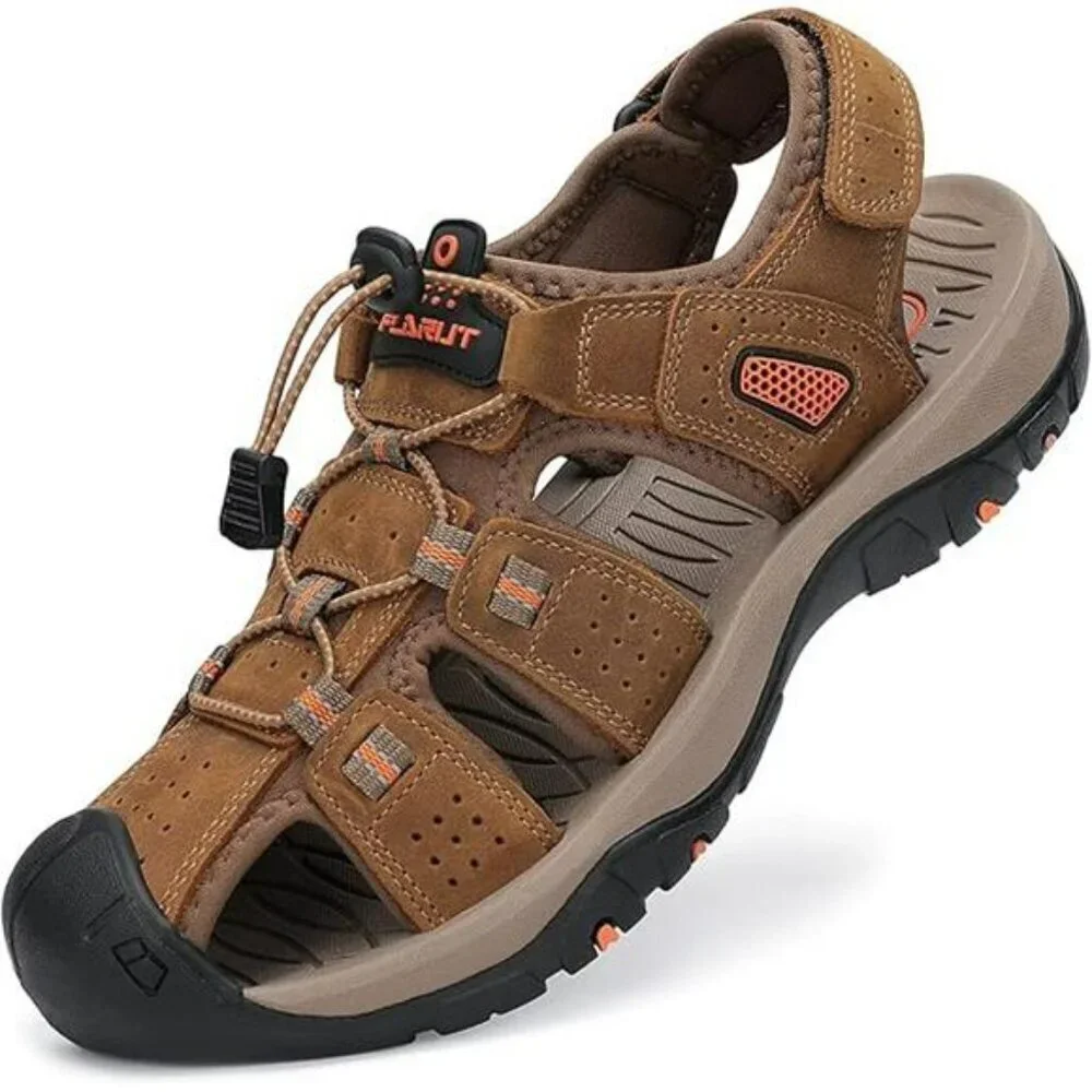 FLARUT Mens Hiking Sandals Closed Toe Leather Water Shoes Outdoor Trail Sport